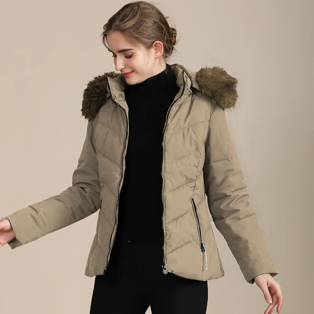 Womens Black Khaki Winter Cropped Puffer Jacket Women Fur Hood Jackets Winter Padded Coat Outwear Slim Fit Hooded Parka Mujer