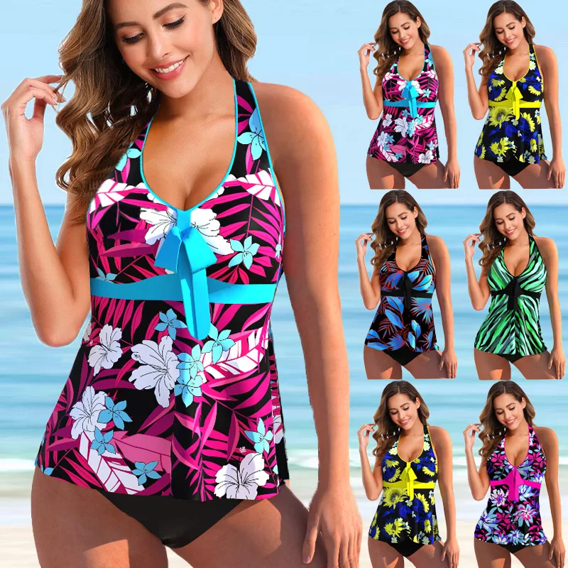 2022 Two Piece Sexy Swimwear Women Plus Size Tankini Swimsuits V Neck Tankinis Set Swim Wear Flower Print Bathing Suit 5XL