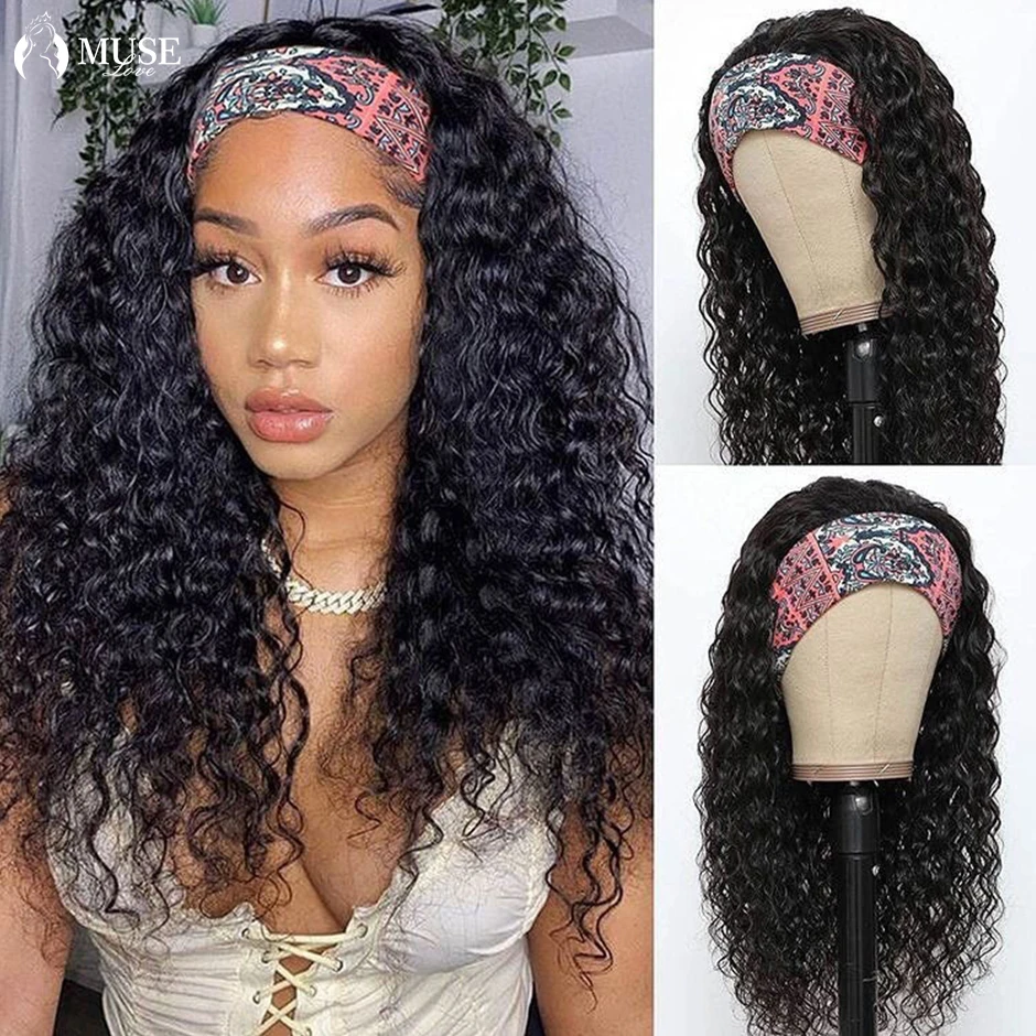 MUSE LOVE Water Wave Human Hair Wigs 180% European Water Wave Headband Wig For Women Glueless Nature Wave Headband Curly Wigs