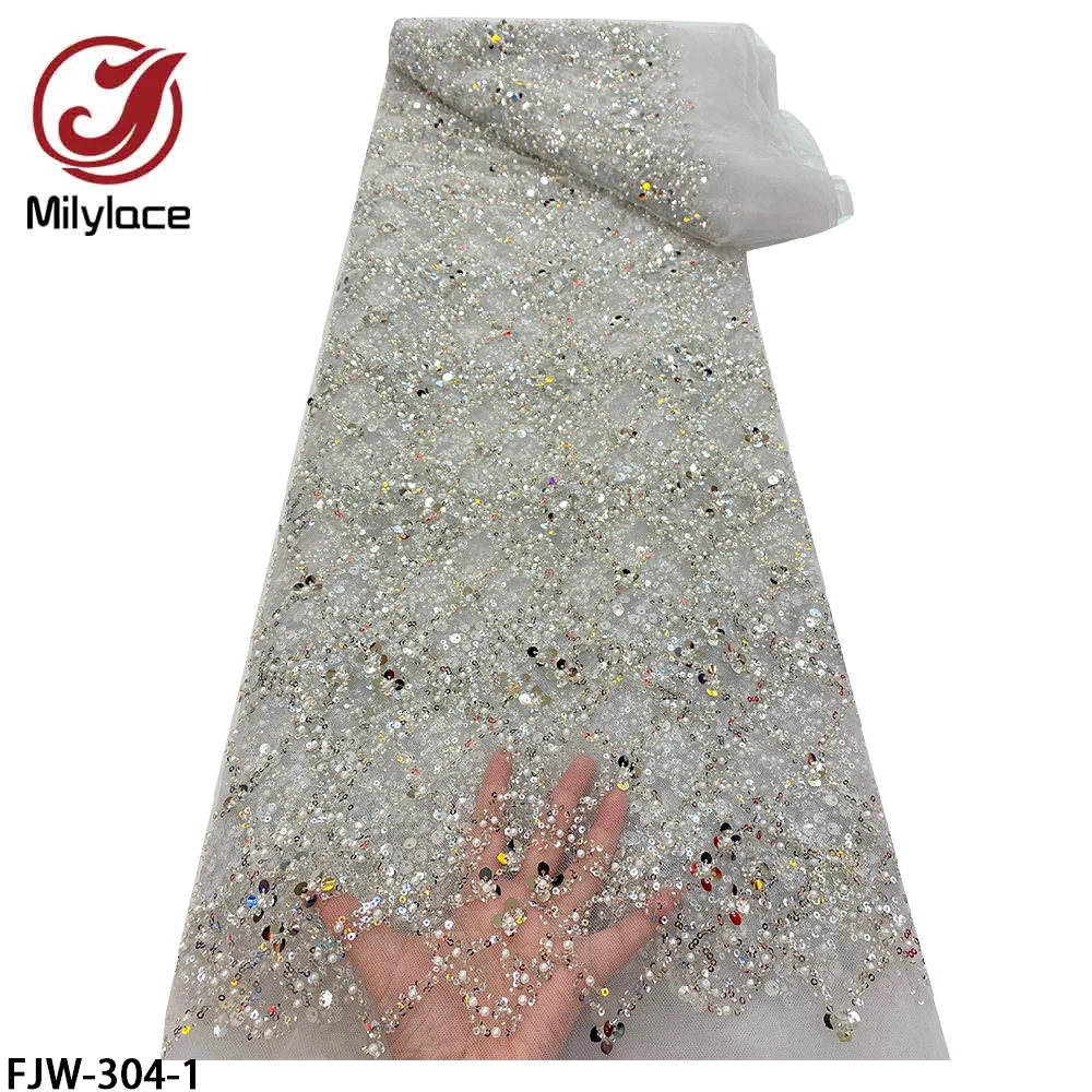 

African Beaded Lace Fabric 2021 High Quality Sequin Lace French Tulle Lace Fabric for Nigerian Wedding Sewing FJW-304