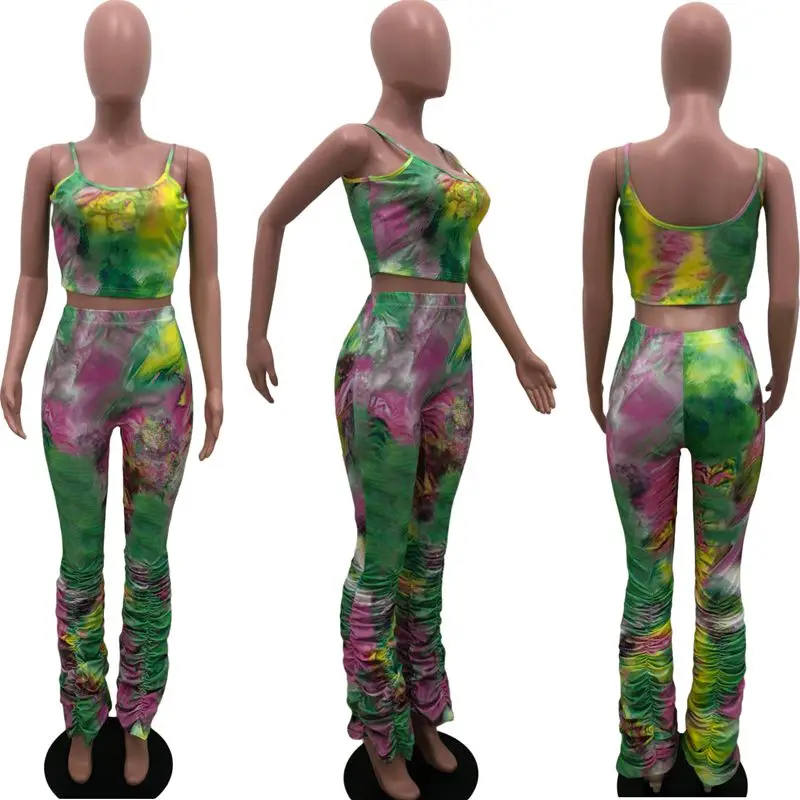

ZKYZWX Sexy Tie Dye 2 Piece Set Women Summer Tracksuit Crop Top and Stacked Leggings Pants Two Piece Club Outfits Matching Sets