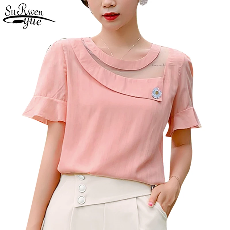 

Woman Chiffon Blouse Short Sleeve 2021 Summer New Elegant Fashion Hollow Out Solid Woman's Shirts Ruffle Sleeve Top 9712