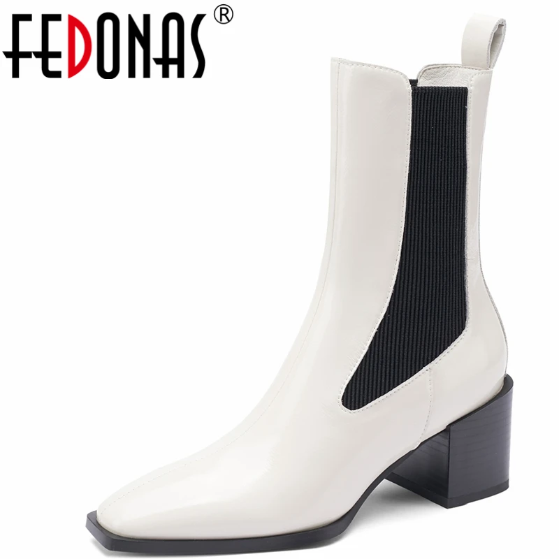 

FEDONAS Mature Office Lady Autumn Winter Women Mid-Calf Boots Genuine Leather Fashion Concise Thick Heels Square Toe Shoes Woman