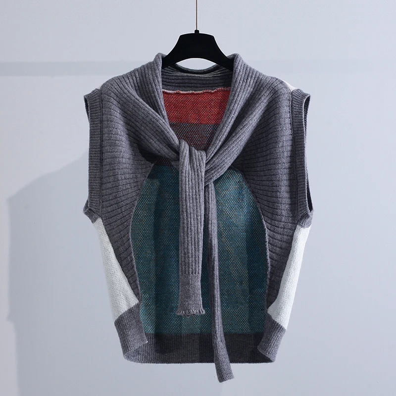 

Модный дизайн, вязаный женский свитер в стиле пэчворк, Осенний винтажный жилет, 2021, без рукавов, тонкий, Повседневный, женский, тянет, верхняя...