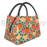 cooler lunch bag picnic bag peaches peach fruit citrus spring floral leaf pink yellow nature vintage