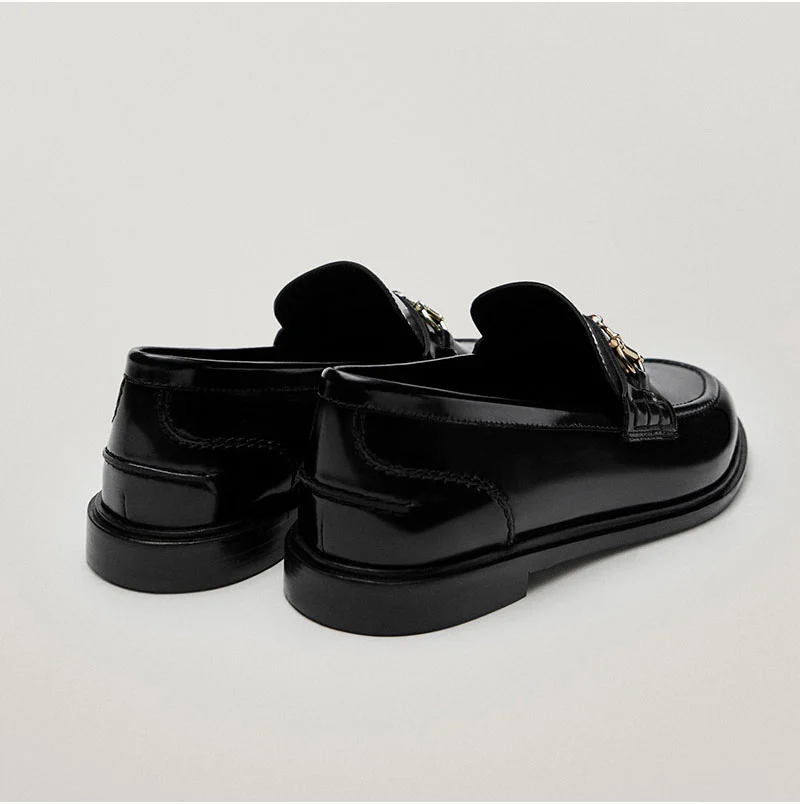 Elmsk Shoes Women New Egnland Style Fashion Vintage Metal Ring Buckle Genuine Leather Slip-On Loafers Women Shoes Woman Flat