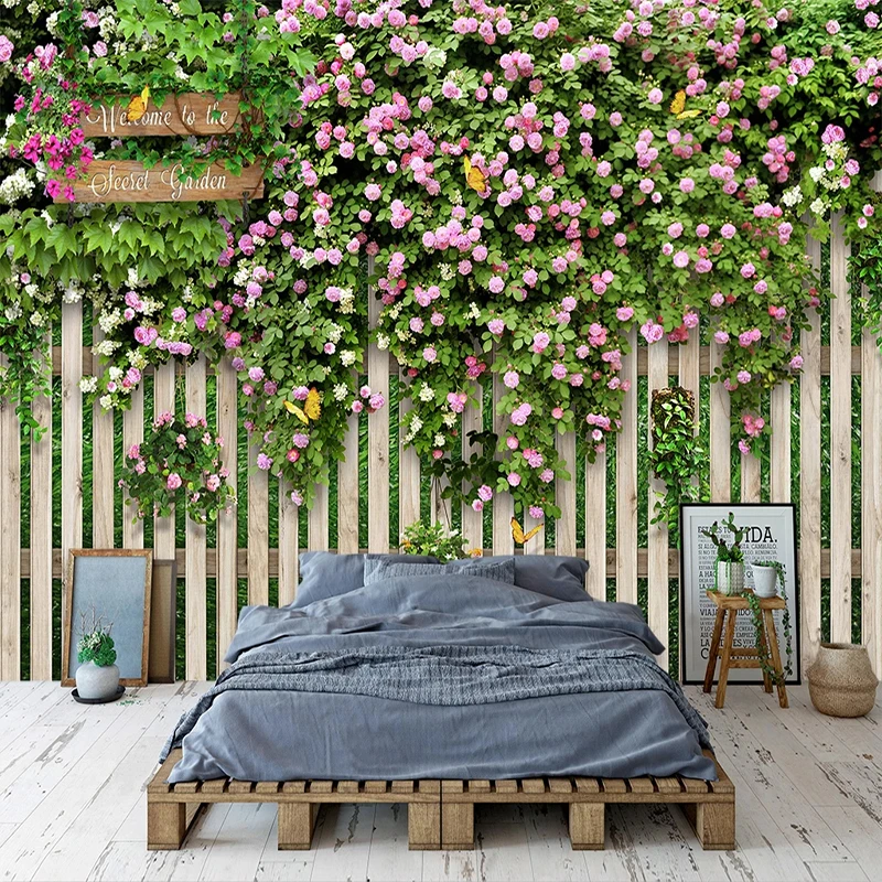Пользовательские 3D фото обои фрески деревянная доска вьющийся стебель розы с