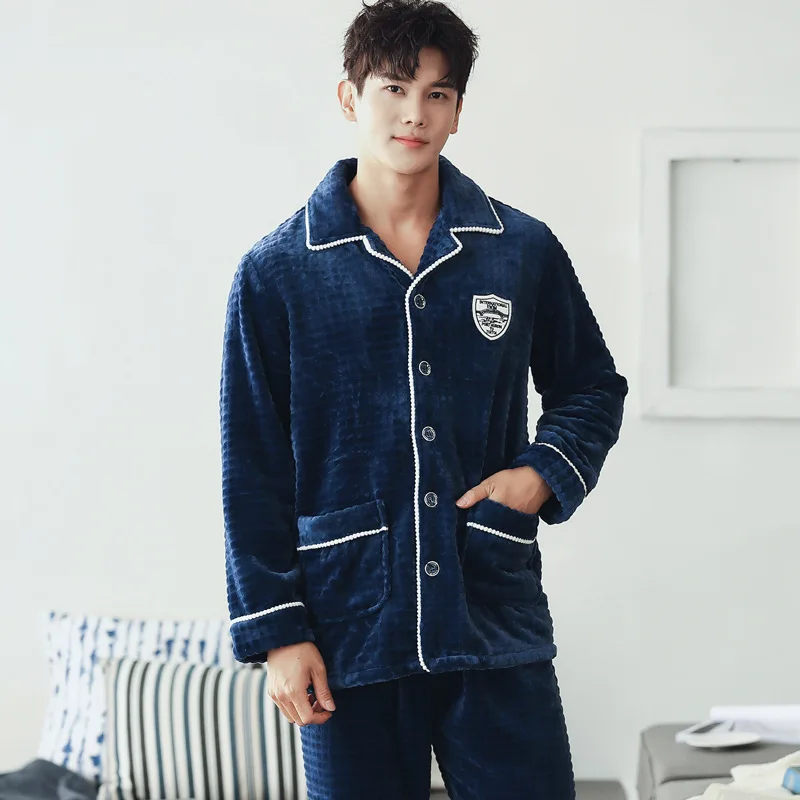 Men's Fall Winter Flannel Cardigan Thickened Warm Coral Velvet Nightwear Large Lapel Home Suit Pajama Lounge Wear Clothing Sets