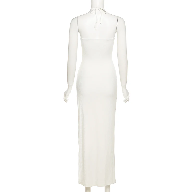 

AIIOU Women Halter Sleeveless Knitting High Street Split Long Dresses Solid Bodycon Sexy Night Club Backless Stretchy Sundress