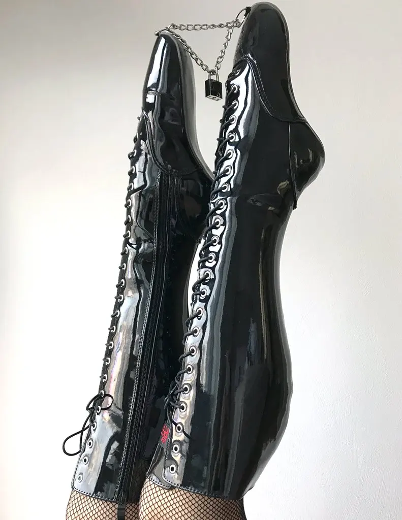 Черные высокие балетные сапоги до колена; женская обувь на молнии со шнуровкой; пикантные туфли на высоком каблуке; Фетиш экзотика; 18 см - Цвет: Black Shiny