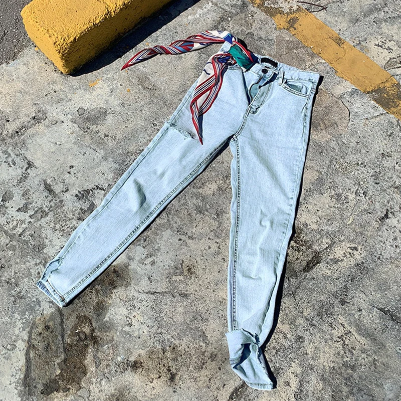 

Streetwear Light Blue High Waist Stretch Skinny Women Jeans Pants Split Cuff Ripped Hole Female Pencil Jeans Women Trousers