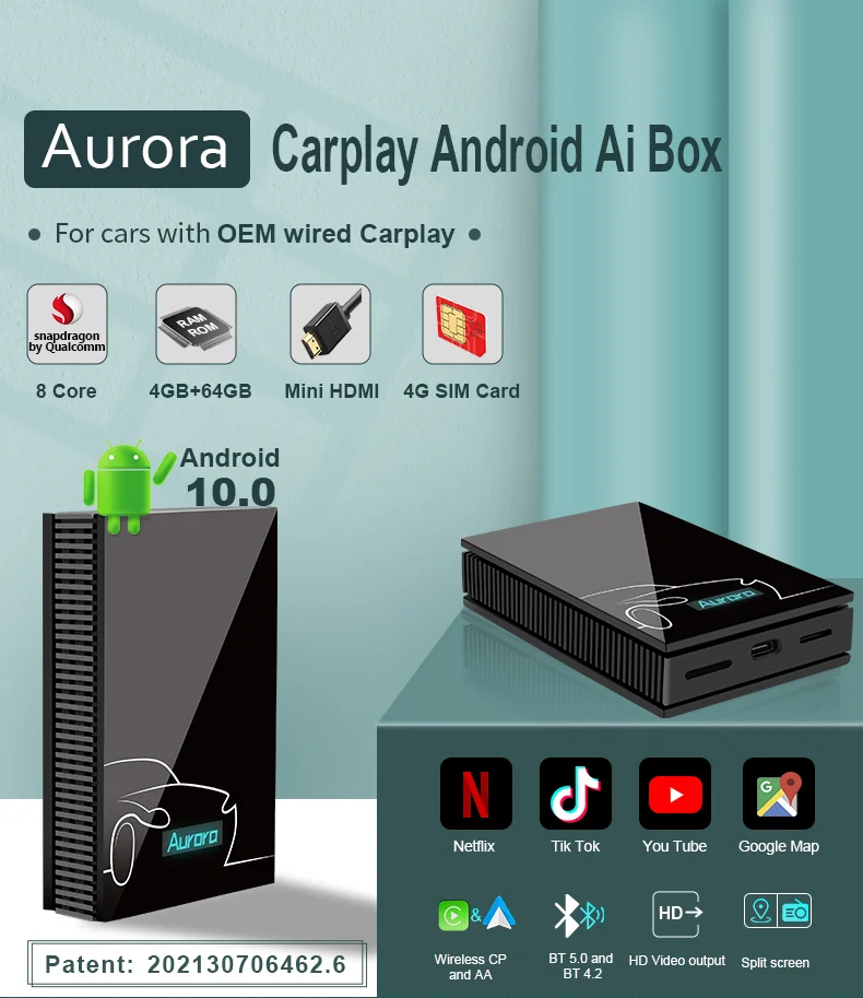 8 Core Android10 Smart HDMI Wireless Carplay box with 4+64G support Netflix Android auto Car Multimedia Player Carplay ai box.