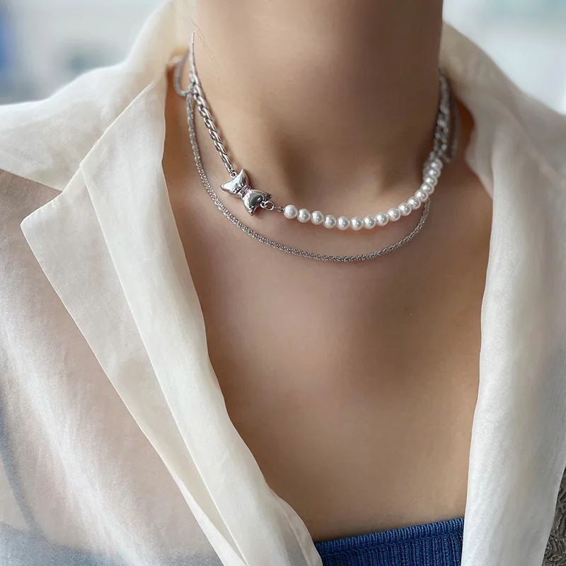 

Minar Sweet Cool Baroque Freshwater Pearl Choker Necklace for Women Asymmetric Chunky Curb Chain Bowknot Pendant Necklaces Gift