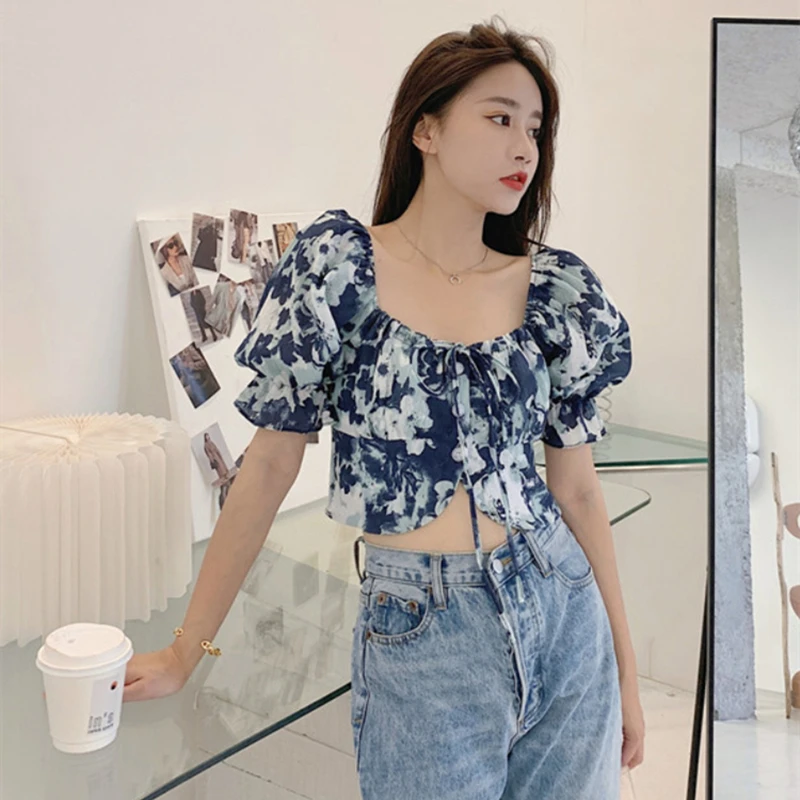 

Summer Female Fashion Print Puff Sleeve Shirt Sweet Women Sexy Short Tops For Girls