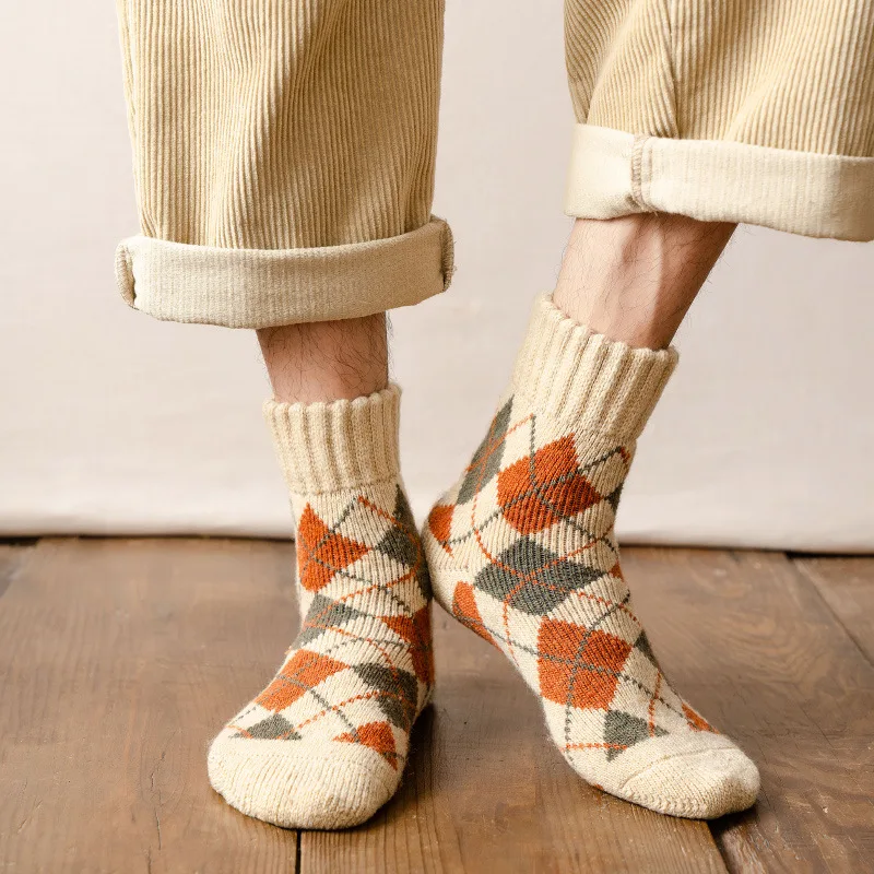 Thick Men's Winter Thickened Warm Women Crew Socks Winter 5 PAIRS Wool Socks Diamond Lattice Female Cashmere Stockings Winter
