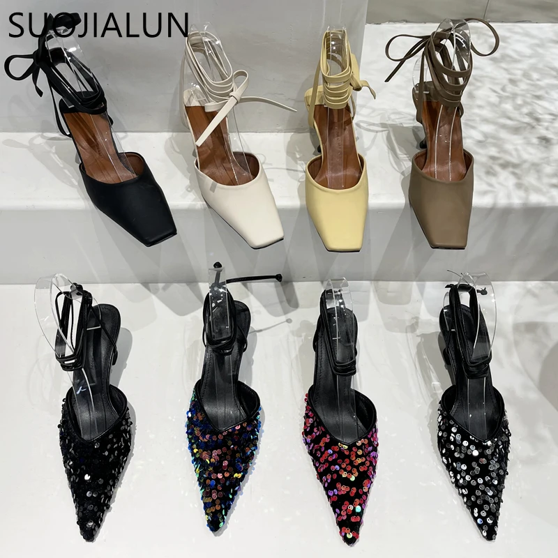 

SUOJIALUN 2022 Spring New Brand Women Sandal Shoes Ankle Lace Up Ladies Elegant Shallow Mules Pointed Toe Dress Party Pumps Shoe