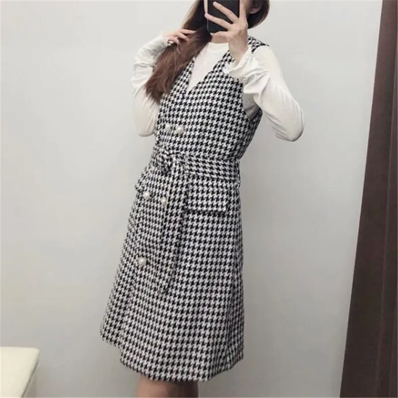 ROHOPO/твидовое платье без рукавов с узором гусиная лапка и двойной грудью