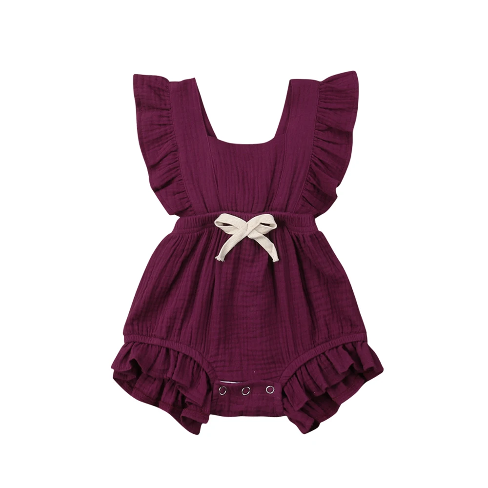 

0-24M Newborn Baby Girls Ruffle Solid Color Romper Ruffles Sleeveless Bow Backcross Bodysuits Outfits Sunsuit Baby Clothing