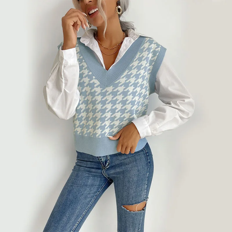 

Blue Knitted Plaid Vest For Women Autumn 2021 V-Neck Sleeveless Short Sweater Vest Women Pullover Waistcoat Outerwear Top
