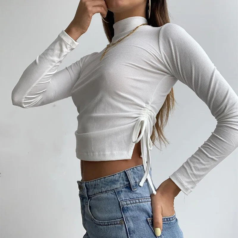 

Autumn Turtleneck Womens Tops and Blouses Fashion Slit Bandage T-shirt Blouse Cropped Top