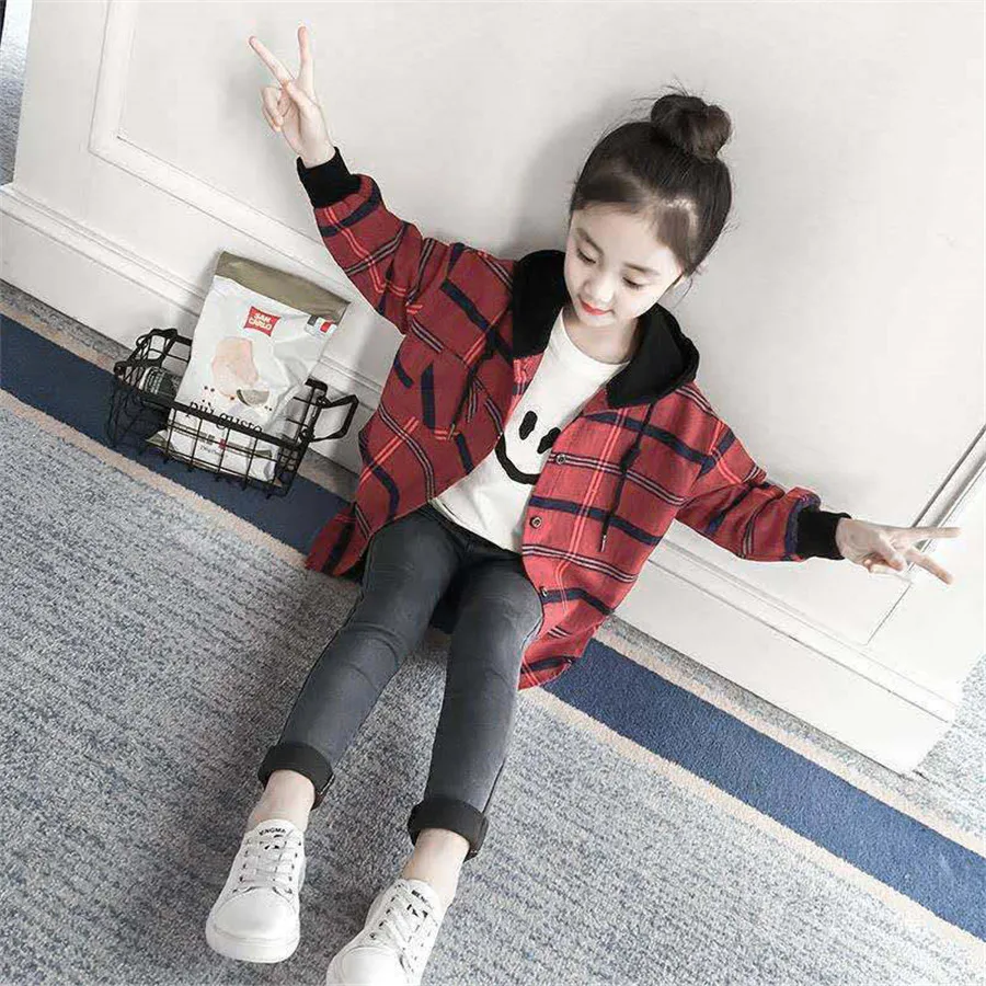 Клетчатые блузки для девочек на весну и осень Детские хлопковые рубашки с