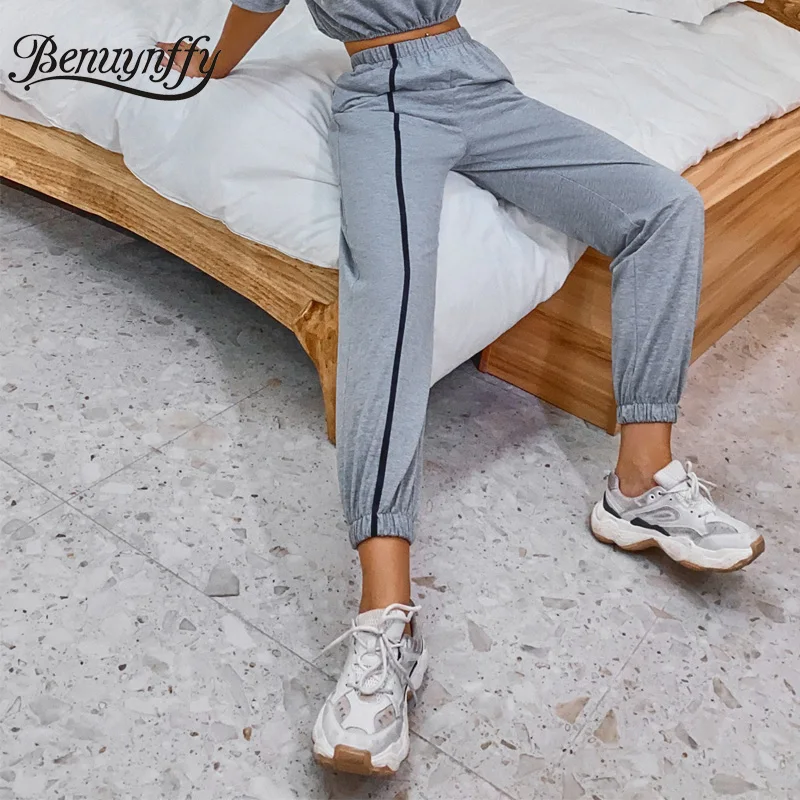 

Benuynffy Side Stripe Elastic Waist Sweatpants Women Autumn Casual Fashion Sporty Pants Korean Ladies High Waist Sweatpants