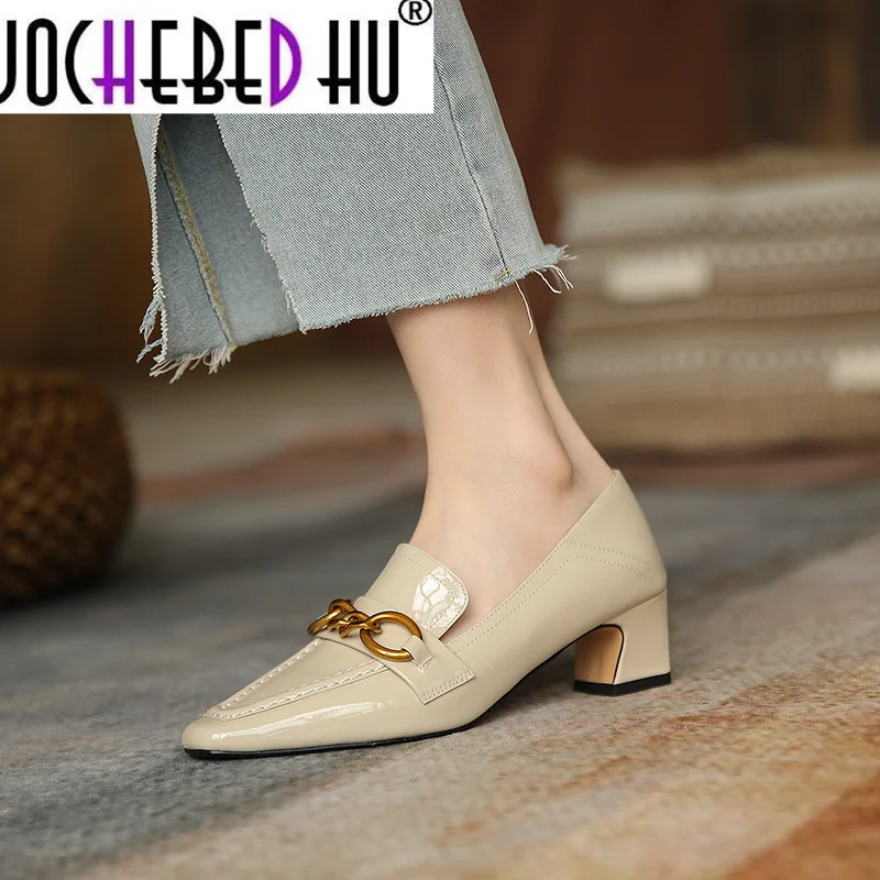 

【JOCHEBED HU】Hot Sale High Heels Pumps For Women Genuine Leather Square Toe Shoes Woman Heels Newest Working Party Women Shoes