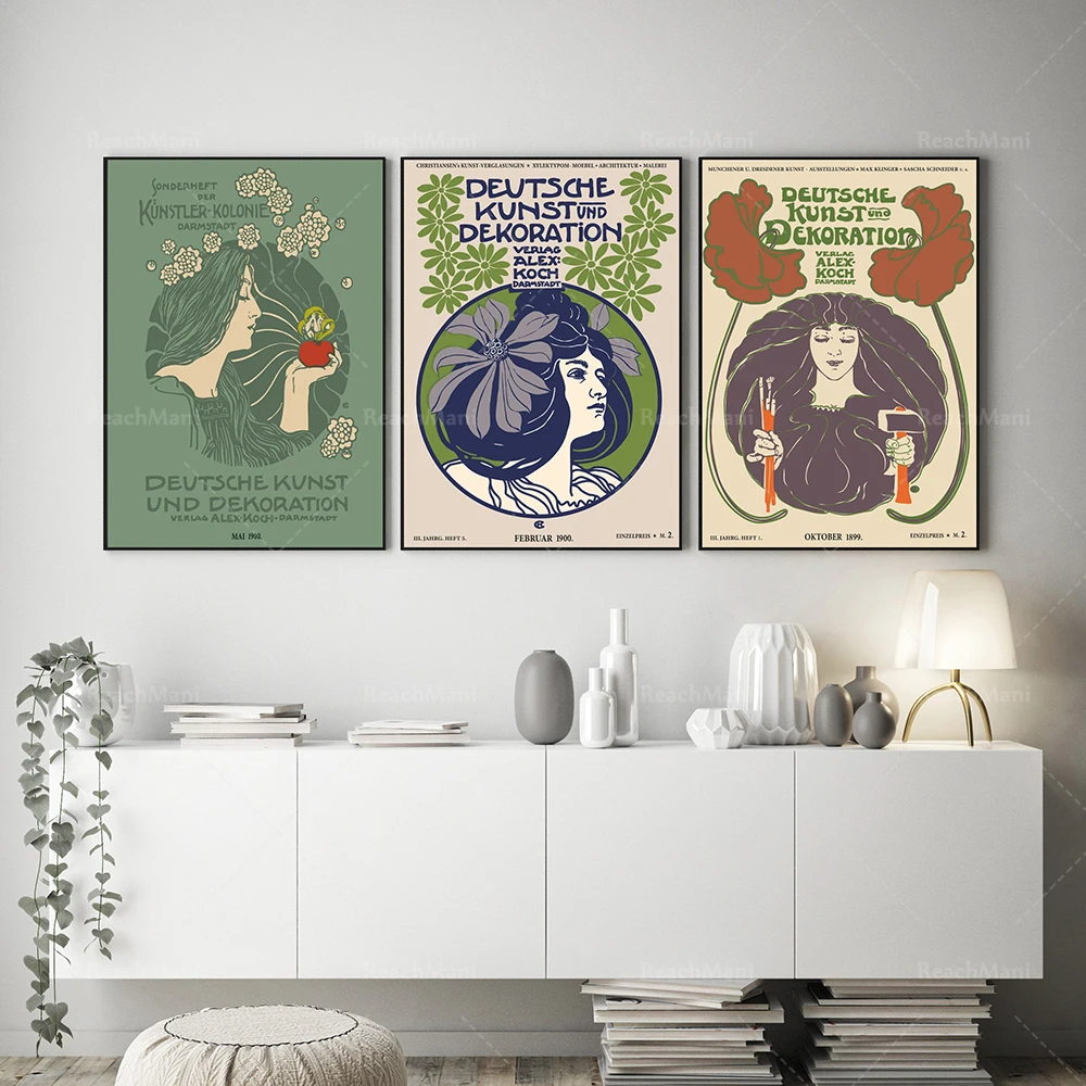 

Art Nouveau Posters Set of 3 Retro Style Female Decor Prints