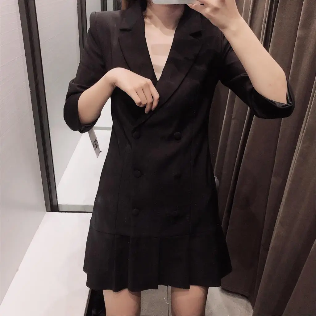 Новинка осени 2019 женское платье с воланами и Пятым рукавом двубортное воротником