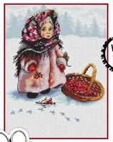 lovely counted cross stitch kit russian winter girl child and cherry red fruits in snowy day