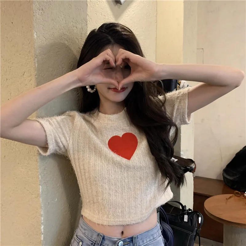 

Love Embroidery Short Sleeve T Shirt for Women Clothing Korean Summer Loose O-neck Tees Ins Hipster Sweet Style Casual Crop Tops