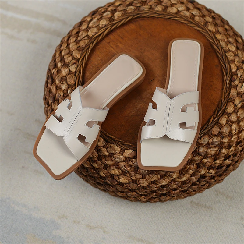

Meotina Women Sandals Genuine Leather Shoes Flat Platform Square Toe Slides Causal Ladies Slippers Summer Ladies Footwear Beige