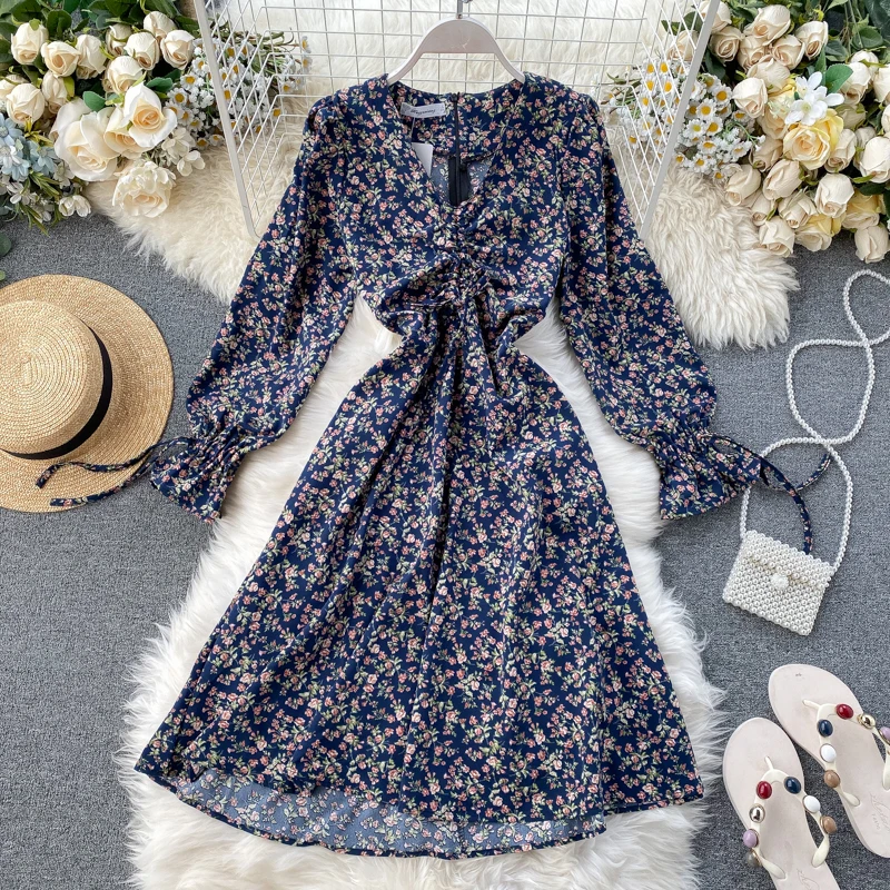 SINGRAIN женское платье с цветочным рисунком весеннее винтажное длинным рукавом