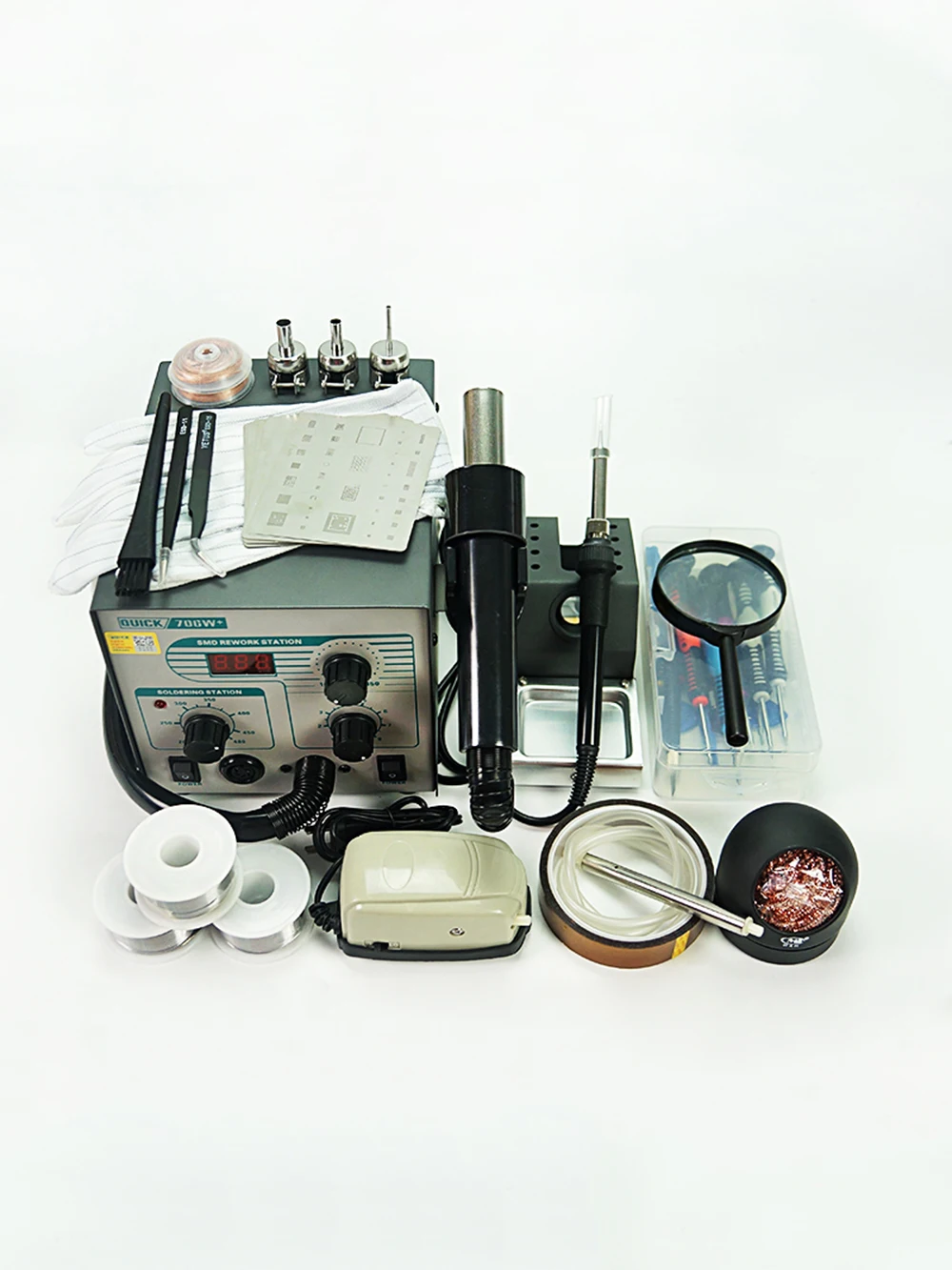 

Original Quick 706W+ Hot Air Gun Soldering Iron Anti-static Temperature Lead-free Rework Station 2 in 1 With 3 Nozzles and Kit