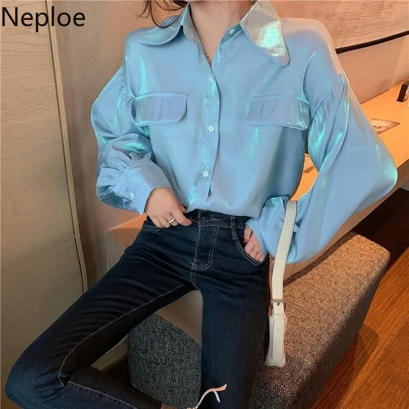 Женская однобортная блузка с рукавами-фонариками Neploe Повседневная Свободная