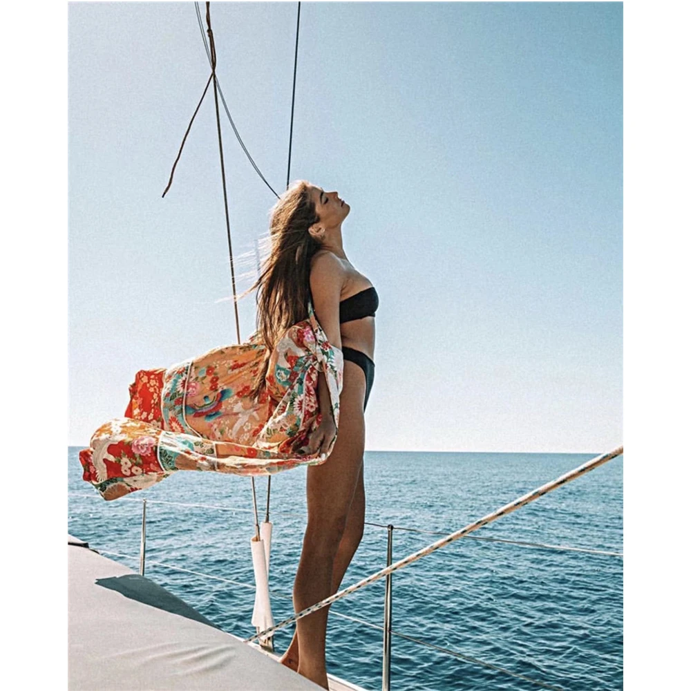 Винтажное пляжное платье в стиле бохо с цветочным принтом накидки для бикини