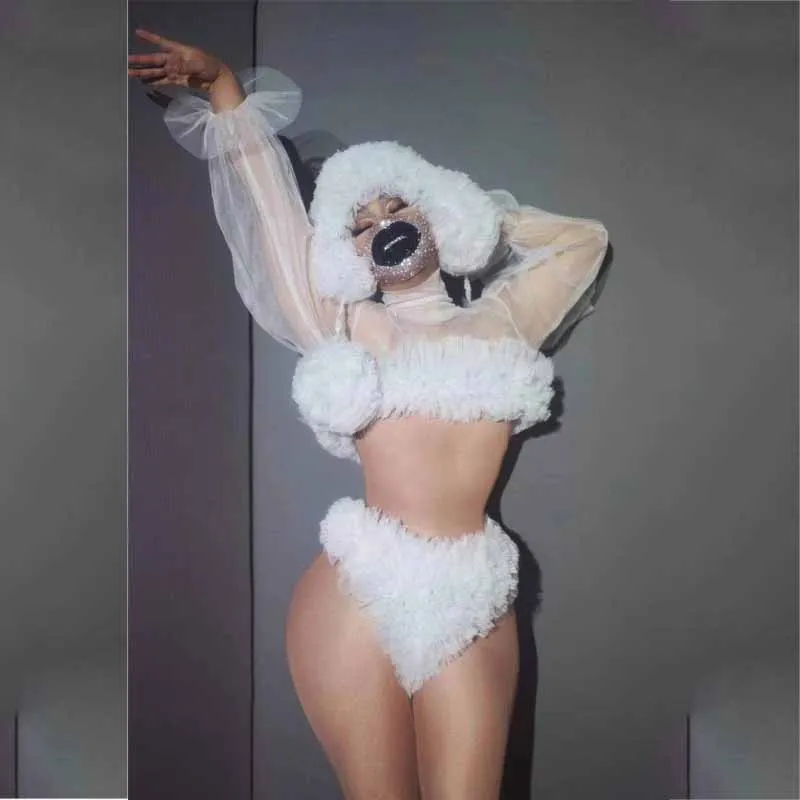 

Sexy Red White Flower Bikini Luxurious See-through Mermaid Jumpsuit Women Nightclub Bar Rave Outfits Pole Dance Clothing XS1350