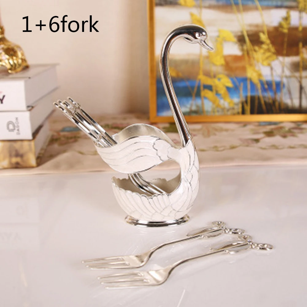 

Tableware Set 6* Table Forks & 1* Fork Holder Swan Shape Pattern 304 Stainless Steel For Fruit Cake Coffee Kitchen Dining