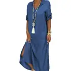 Женское винтажное джинсовое платье, свободное Длинное Элегантное праздничное платье с рукавом до локтя, разрезом на Подоле и V-образным вырезом