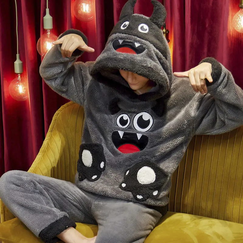 Pajamas Men's Winter Coral Velvet Thickened Plush Warm Autumn and Winter Men's Flannel Home Clothes Winter Suit  Sleepwear