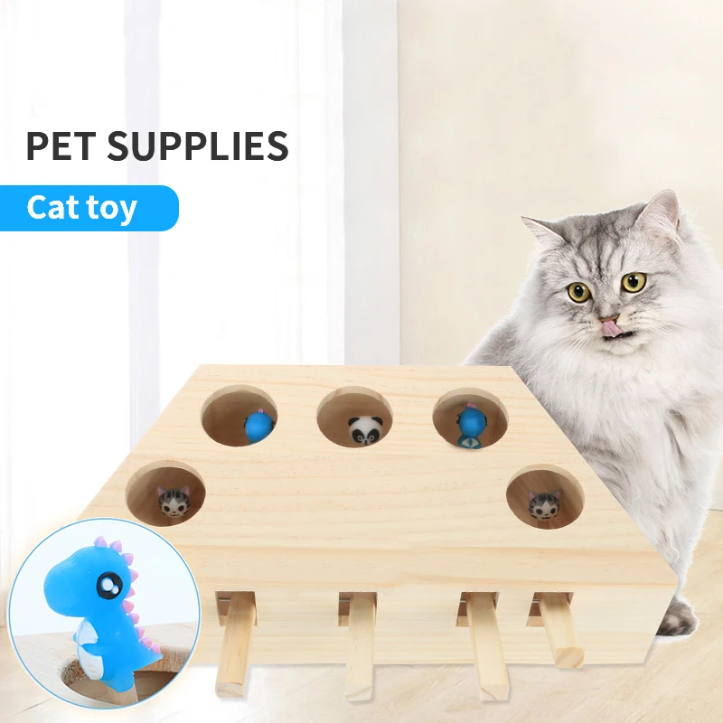 

Cat Hunt Toy Chase Mouse Solid Wooden Interactive Maze Pet Hit Hamster With 3/5-holed Mouse Hole Catch Bite Catnip Funny Toy