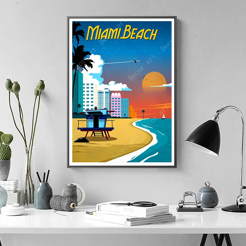 Винтажные Флорида Майами пляж Америка путешествия холст картины винтажные стены