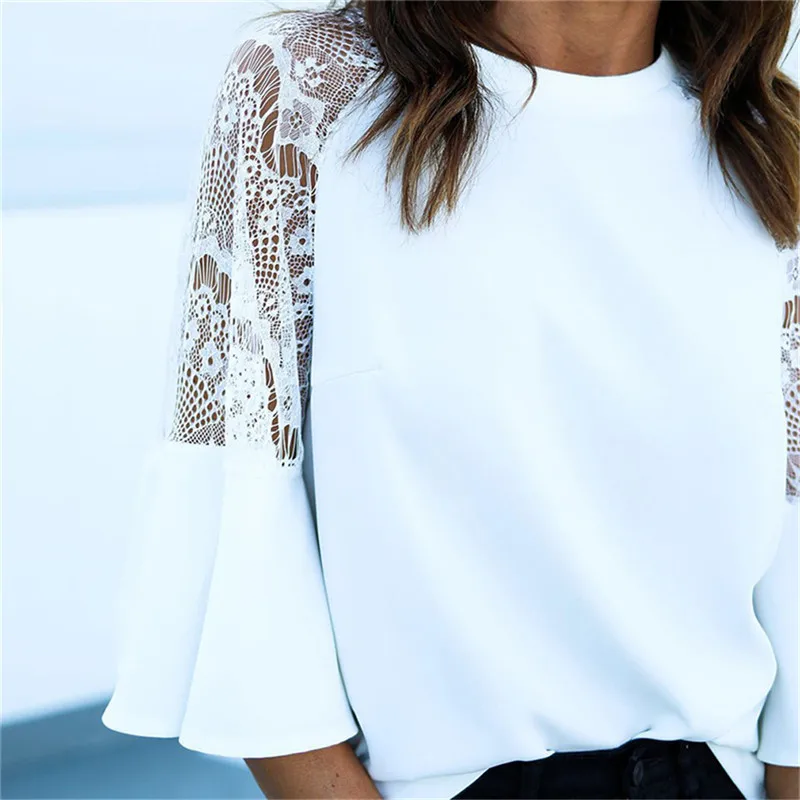 

2021Summer Women Patchwork Lace Solid Shirts Casual Loose White Blouses Tops Baggy Blusas Femininas
