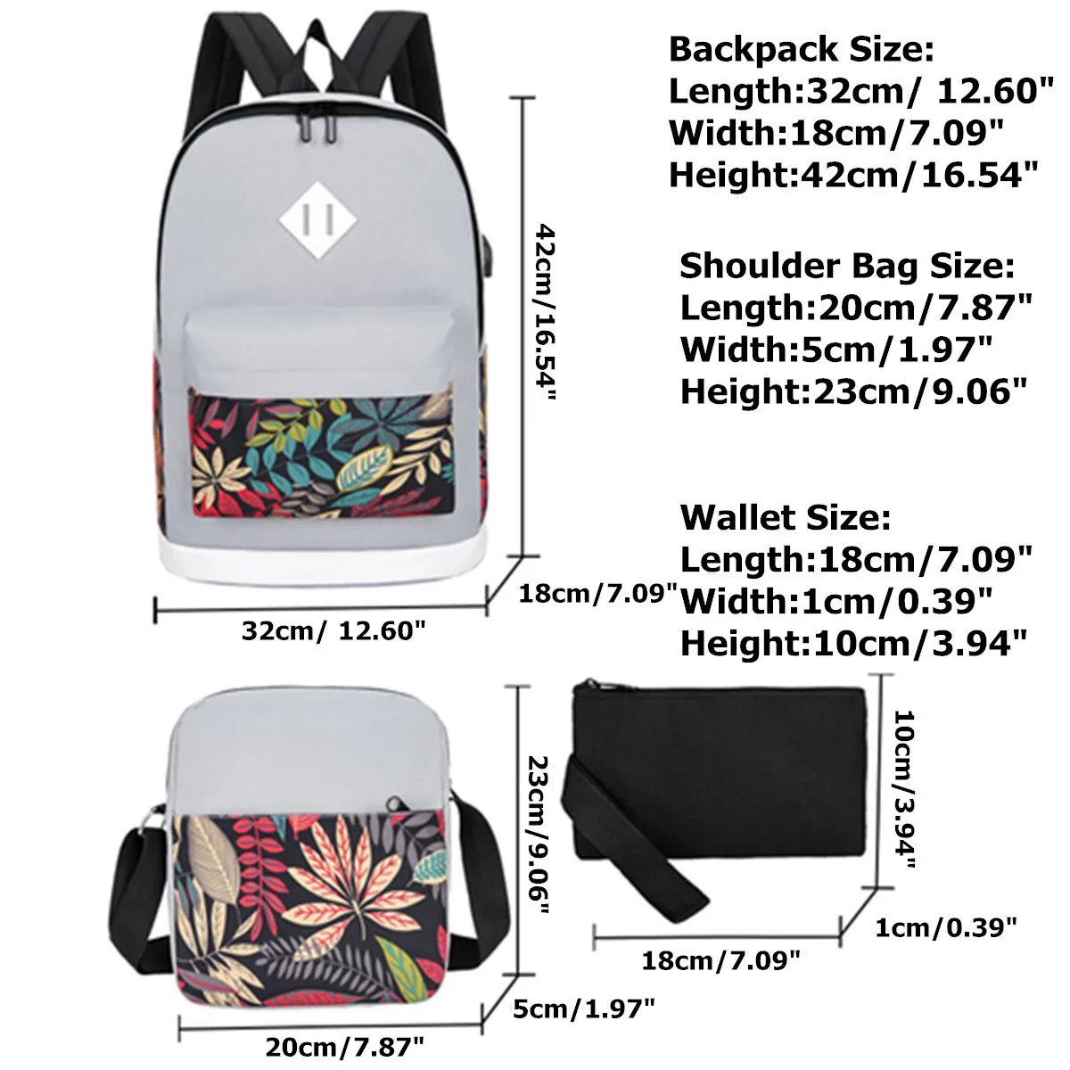

3-Piece USB Charging Backpack Leaf Printed Decorative Shoulder Bag Nylon Casual School Bag Laptop Bags Handbag for Boys & Girls