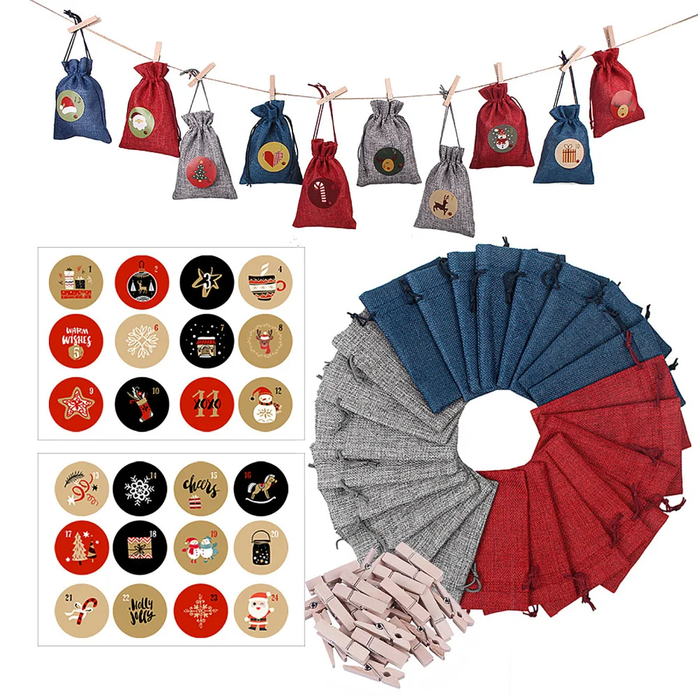 

Рождественский календарь с обратным отсчетом, Джутовая сумка для конфет, Карманный Набор для творчества, Рождественский календарь, подарочный пакет