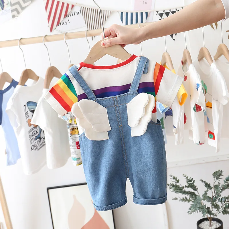 Новый летний костюм для маленьких мальчиков модная футболка девочек комбинезоны