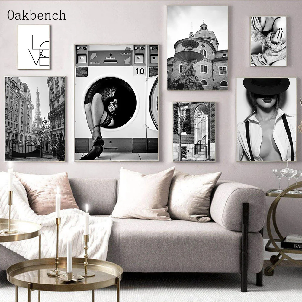 

Черно-белый городской пейзаж, холст, живопись, уличная мода, Женский настенный плакат, современная картина, украшение для дома