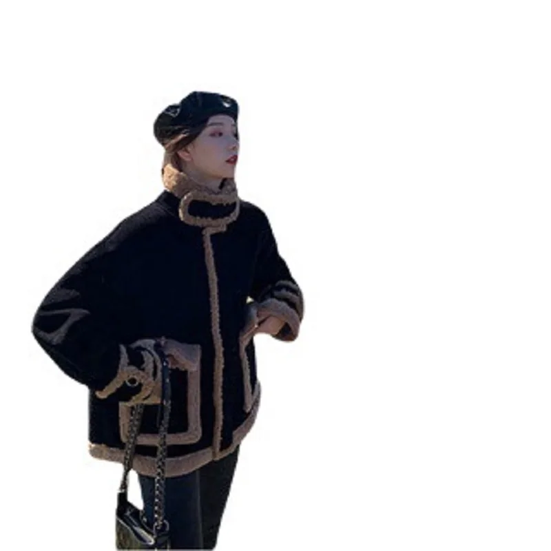 Vintage Faux Fur Coats Black Thick Lamb Fur Coats Streetwear Women Stand-up Collar Fur Cropped Jacket Corduroy Winter Clothes