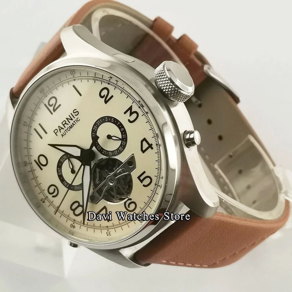 Мужские часы с календарём и недели Parnis оранжевые коричневым ремешком диаметром 48