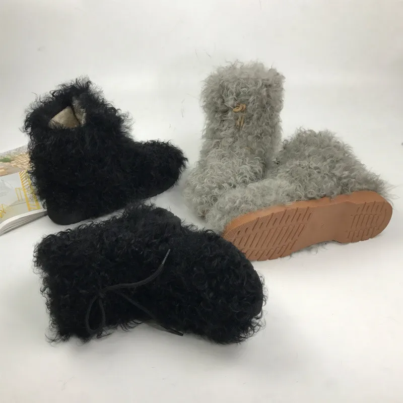 Зимние теплые ботинки из овечьей шерсти на шнуровке плоской нескользящей